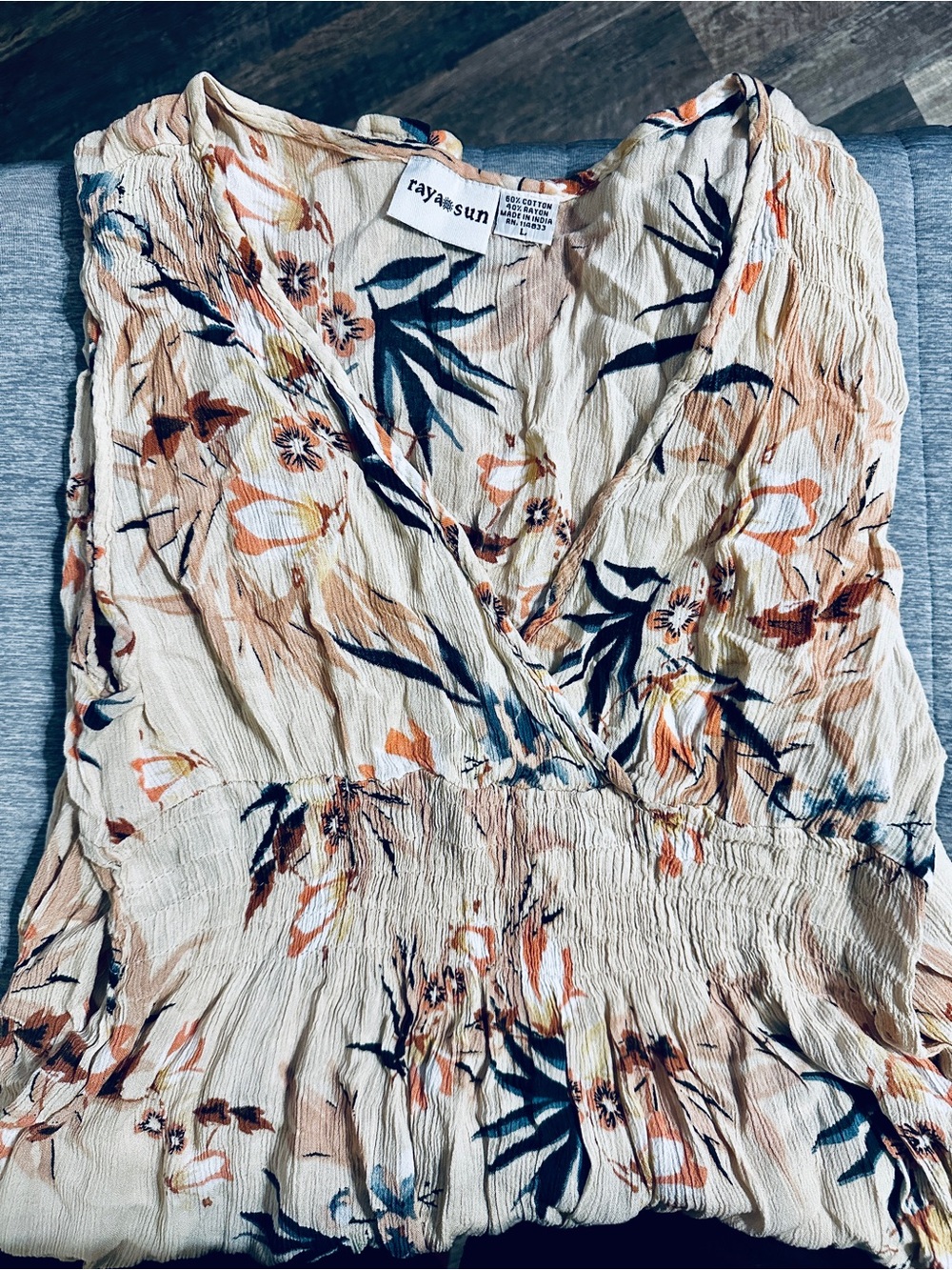 raya sun Floral Wrap Blouse in Cream, Navy & Rust